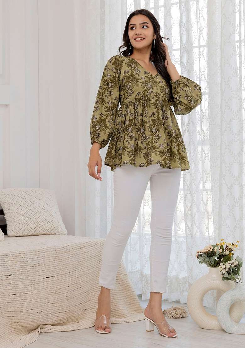 Green Printed Cotton Short Kurta - Indya