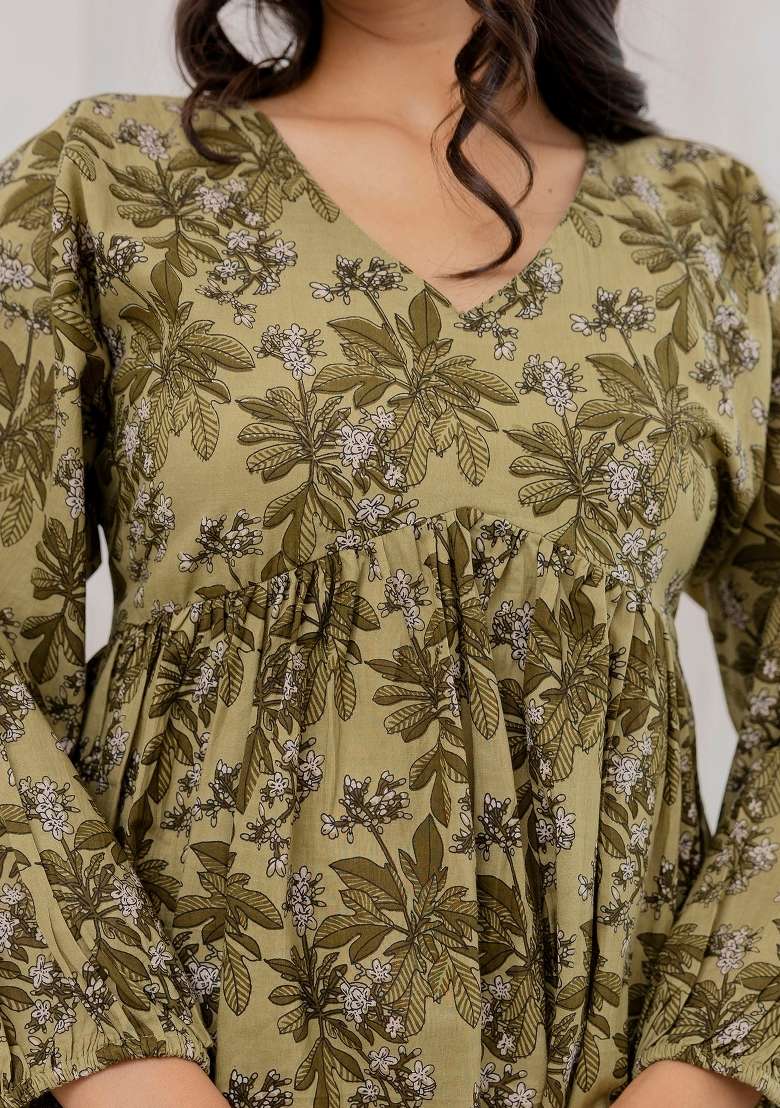 Green Printed Cotton Short Kurta - Indya
