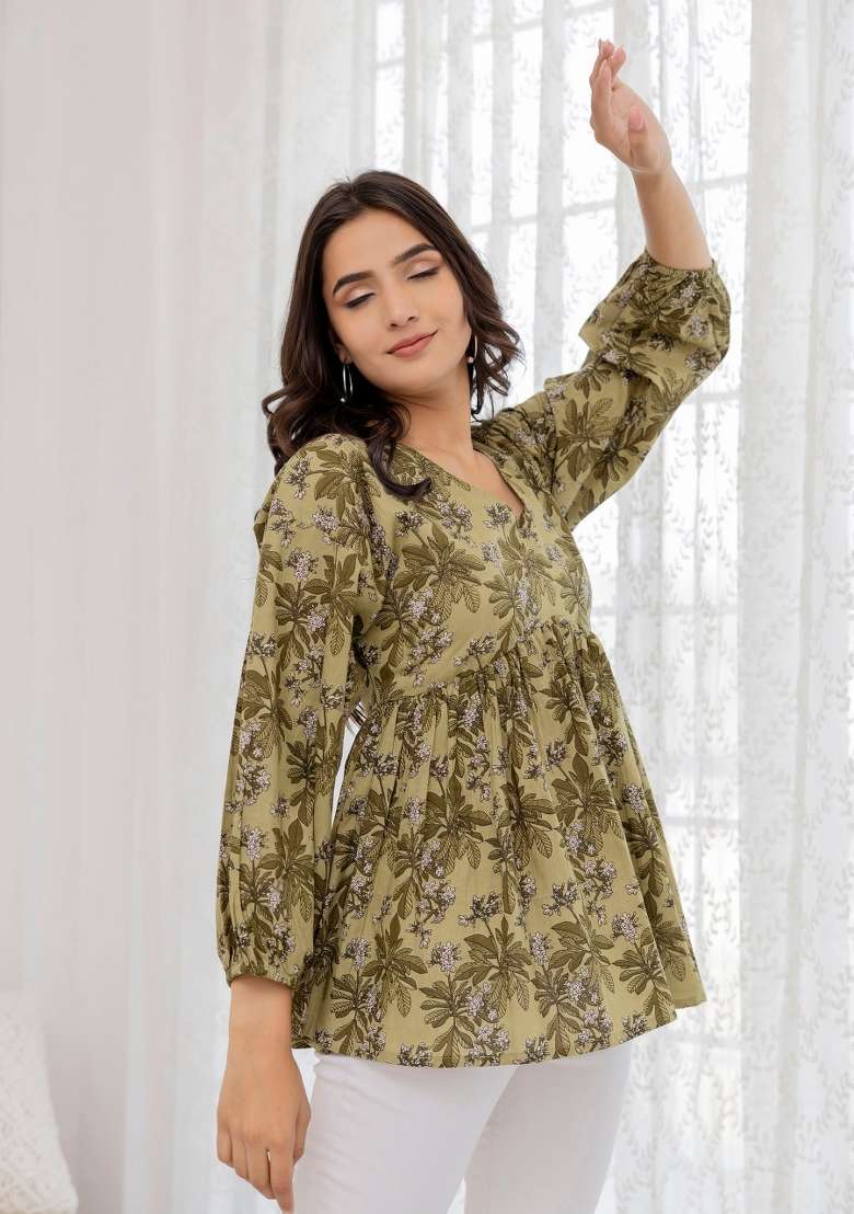 Green Printed Cotton Short Kurta - Indya