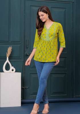 Green Printed Cotton Short Kurta