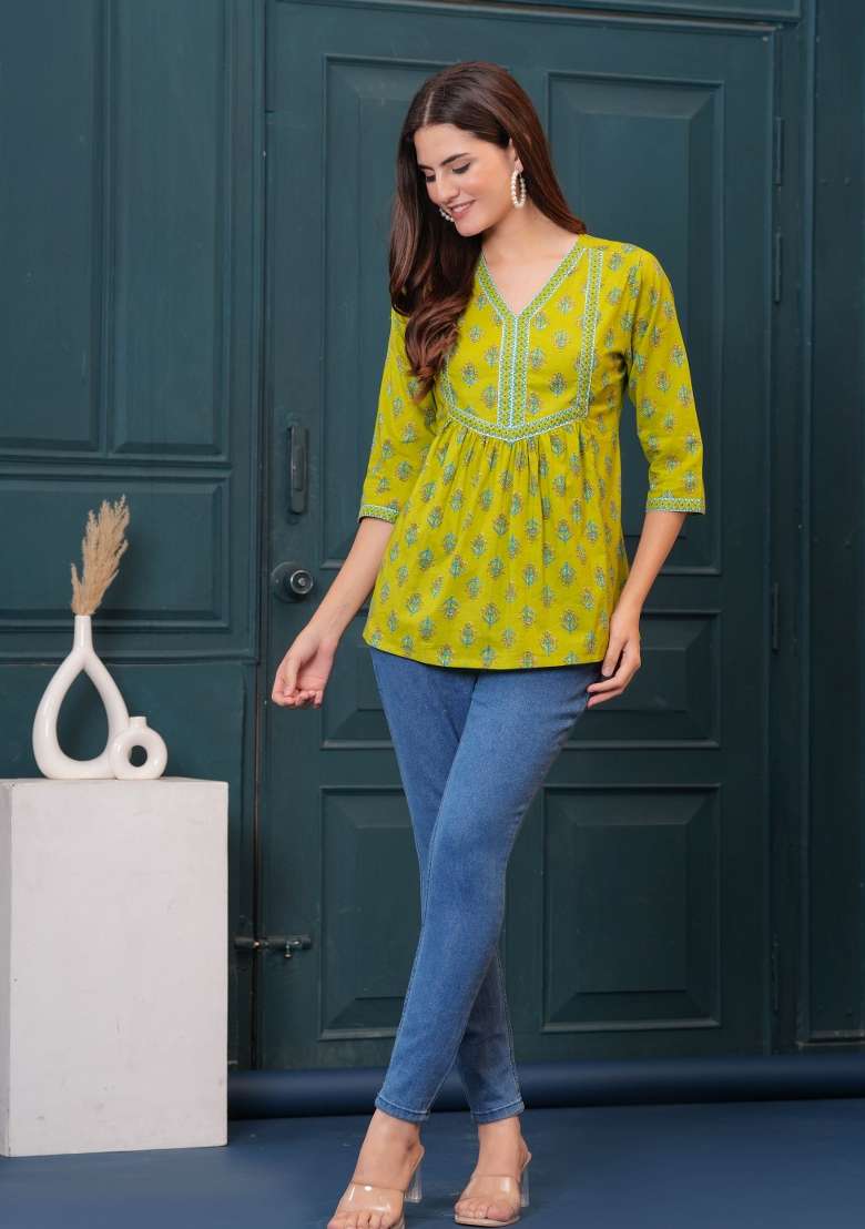 Green Printed Cotton Short Kurta - Indya