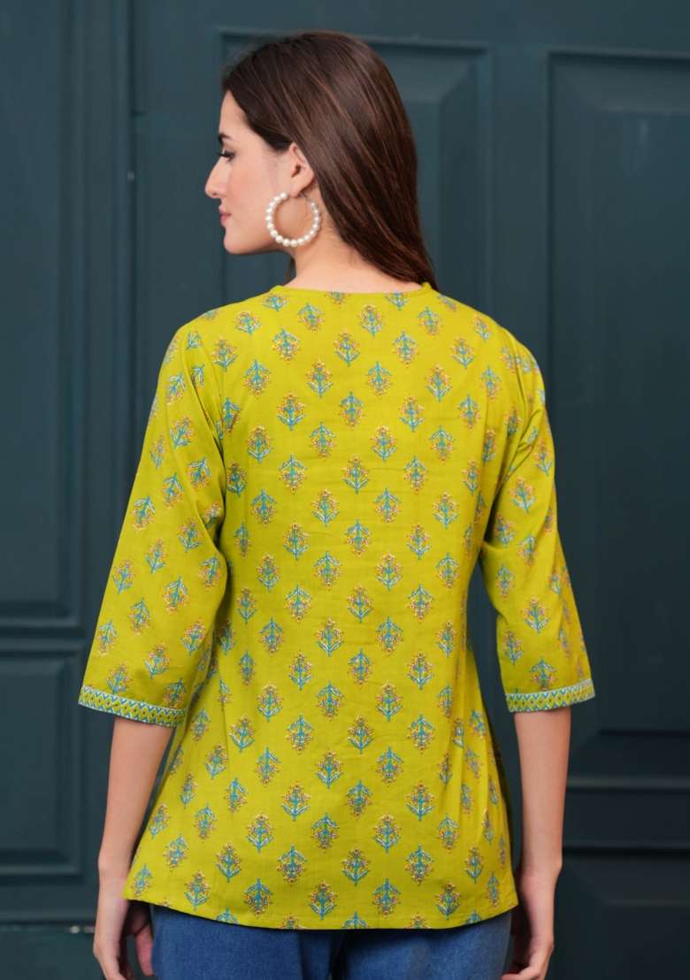 Green Printed Cotton Short Kurta - Indya