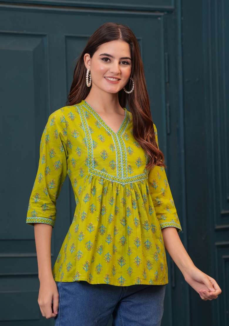 Green Printed Cotton Short Kurta - Indya