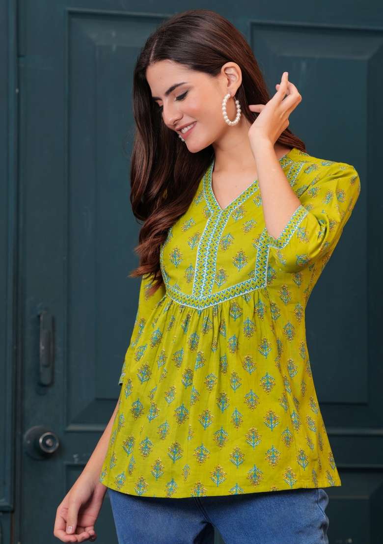Green Printed Cotton Short Kurta - Indya