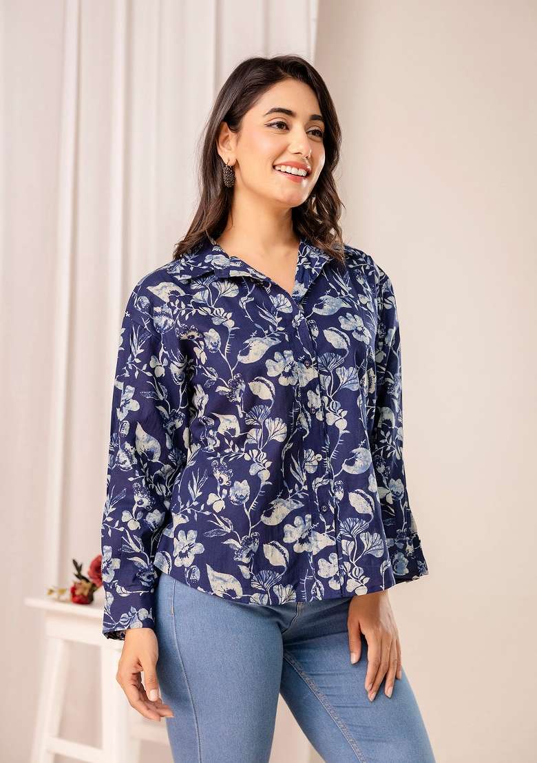 Blue Printed Cotton Short Kurta - Indya