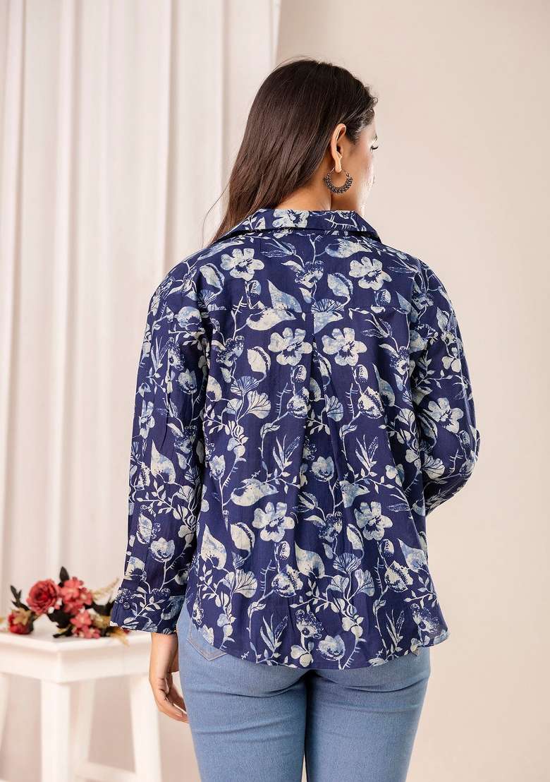 Blue Printed Cotton Short Kurta - Indya