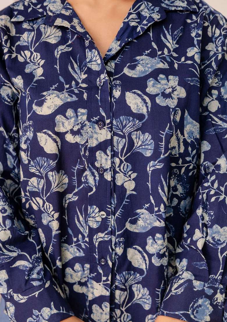 Blue Printed Cotton Short Kurta - Indya
