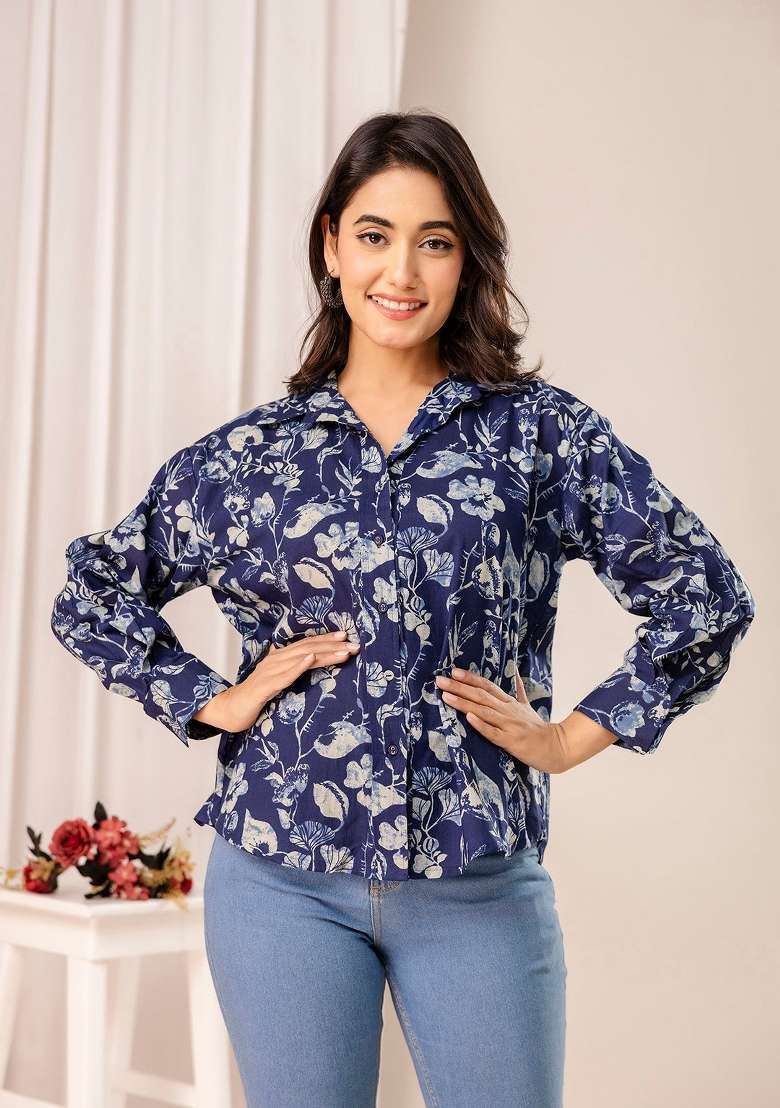 Blue Printed Cotton Short Kurta - Indya
