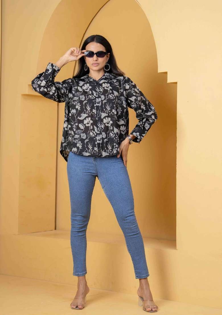 Black Printed Cotton Short Kurta - Indya