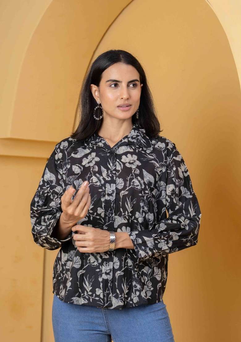 Black Printed Cotton Short Kurta - Indya