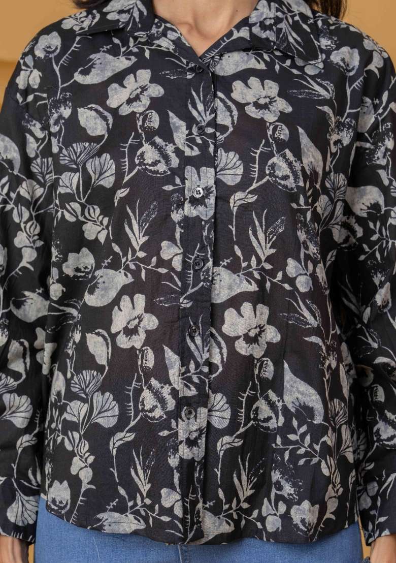 Black Printed Cotton Short Kurta - Indya