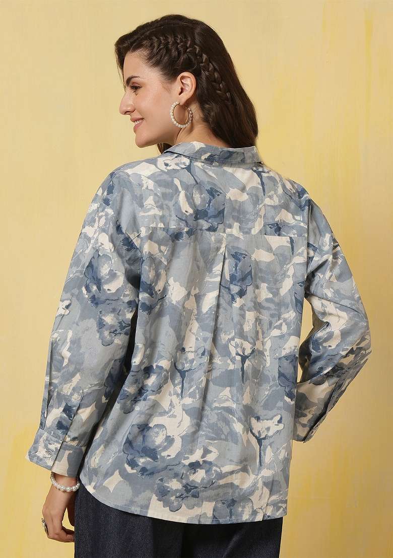 Blue Printed Cotton Short Kurta - Indya