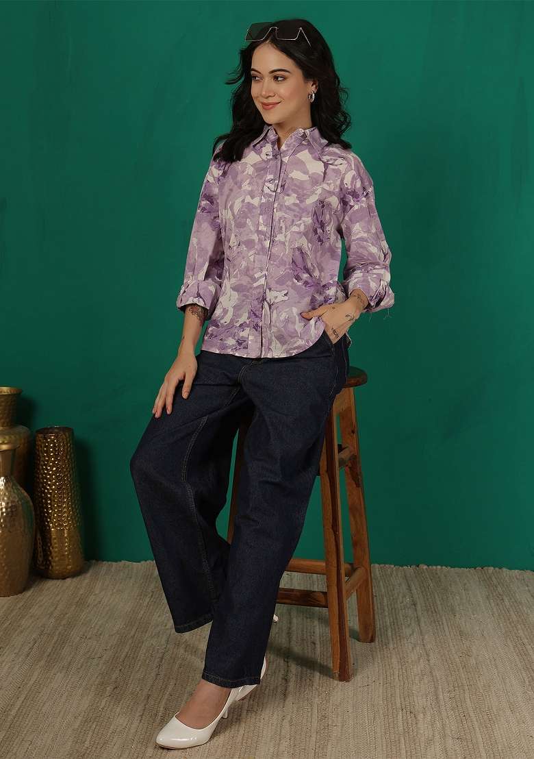 Purple Printed Cotton Short Kurta - Indya