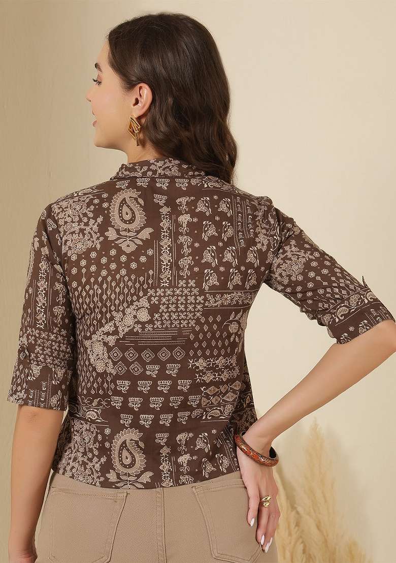 Brown Printed Cotton Short Kurta - Indya