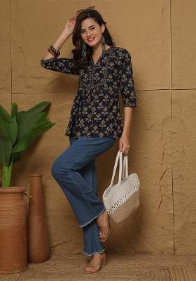 Blue Printed Cotton Short Kurta
