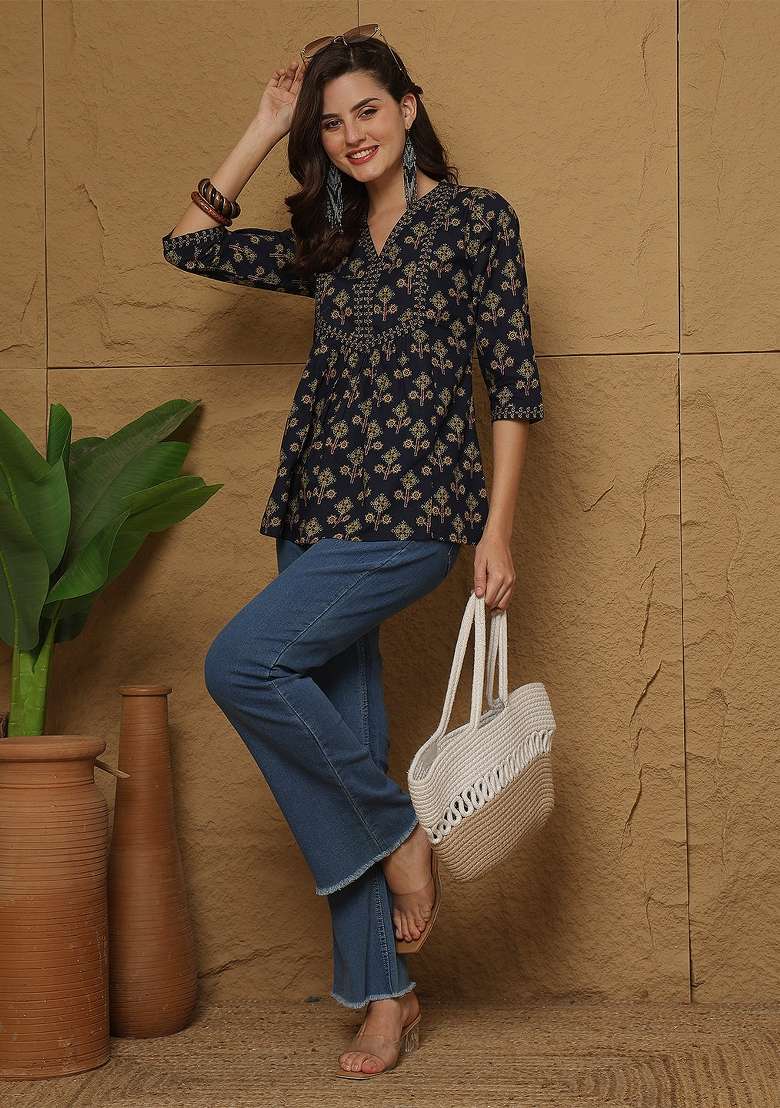 Blue Printed Cotton Short Kurta - Indya