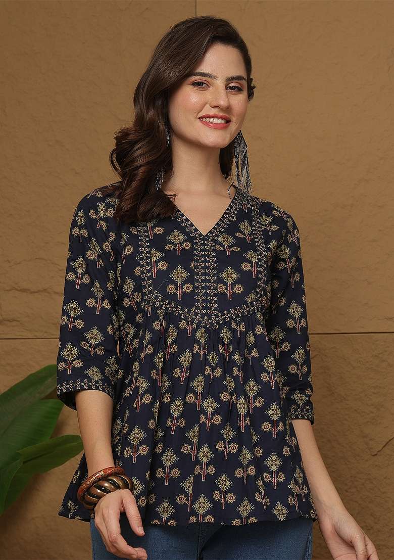Blue Printed Cotton Short Kurta - Indya