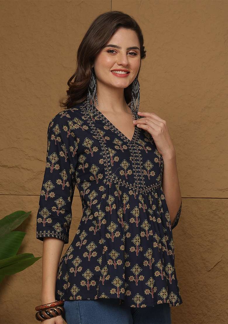 Blue Printed Cotton Short Kurta - Indya