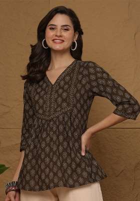 Brown Printed Cotton Short Kurta