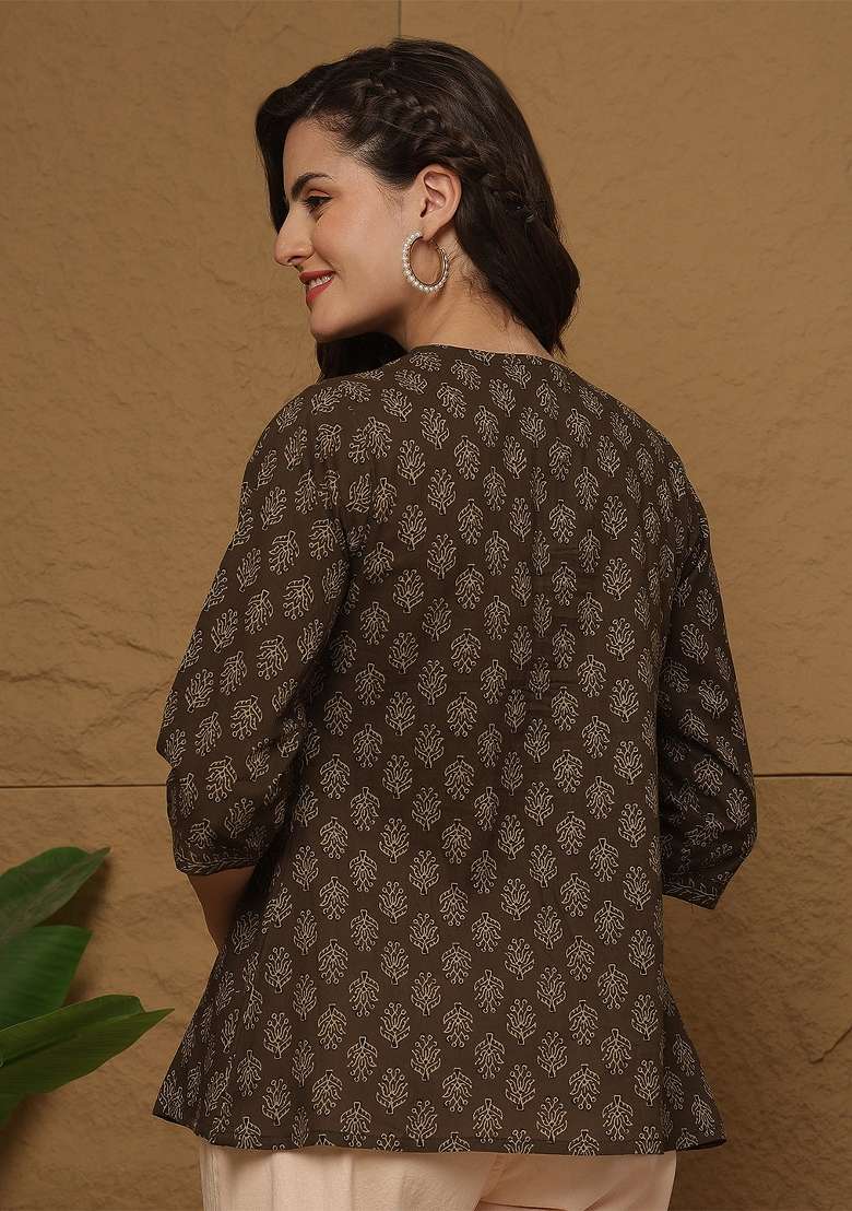 Brown Printed Cotton Short Kurta - Indya