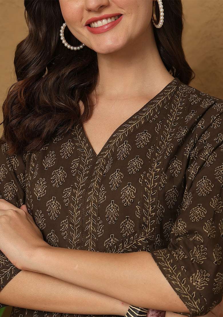 Brown Printed Cotton Short Kurta - Indya