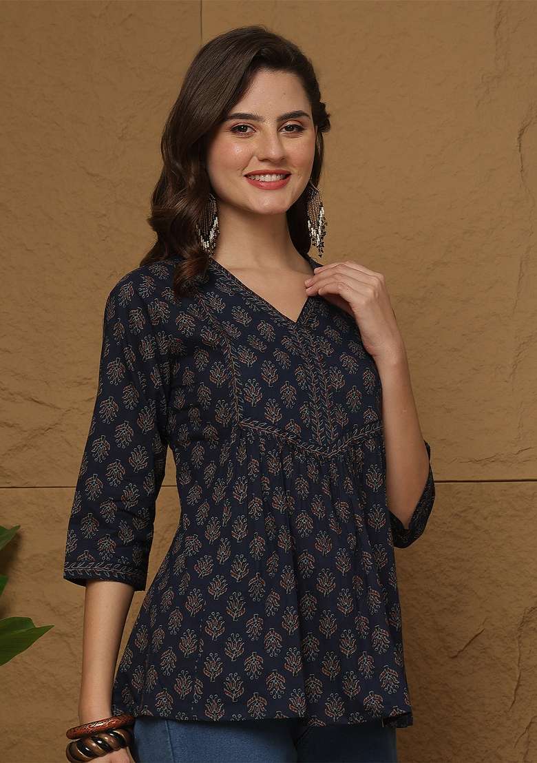 Blue Printed Cotton Short Kurta - Indya