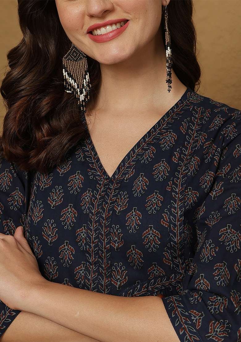 Blue Printed Cotton Short Kurta - Indya