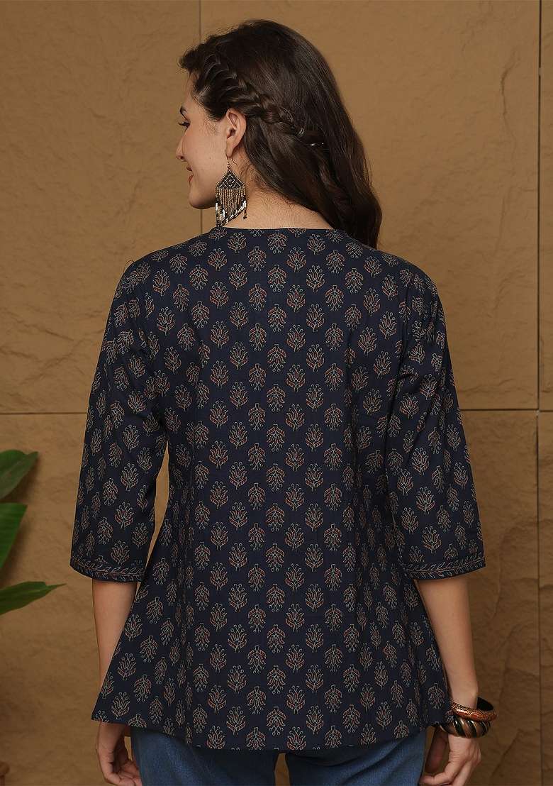 Blue Printed Cotton Short Kurta - Indya