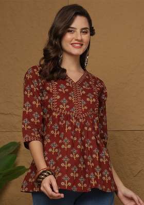 Maroon Printed Cotton Short Kurta