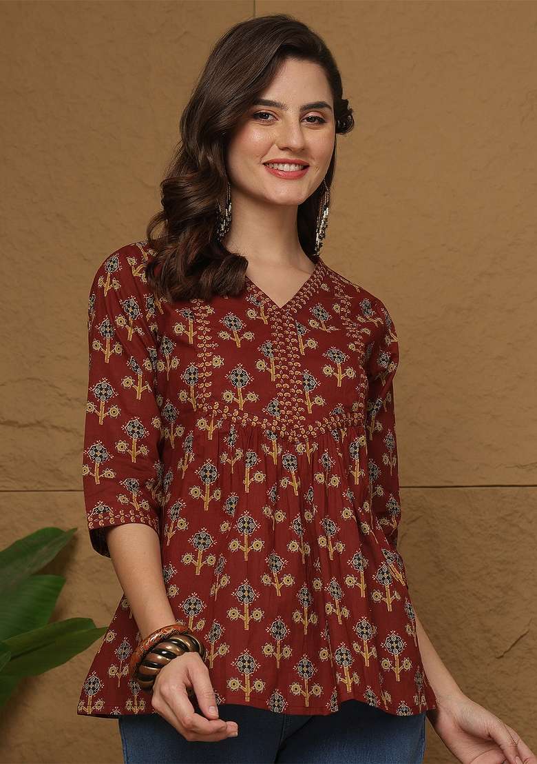 Maroon Printed Cotton Short Kurta - Indya