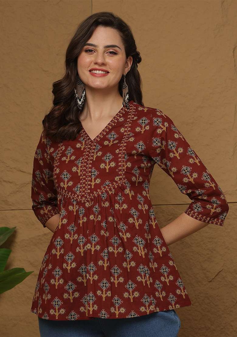 Maroon Printed Cotton Short Kurta - Indya