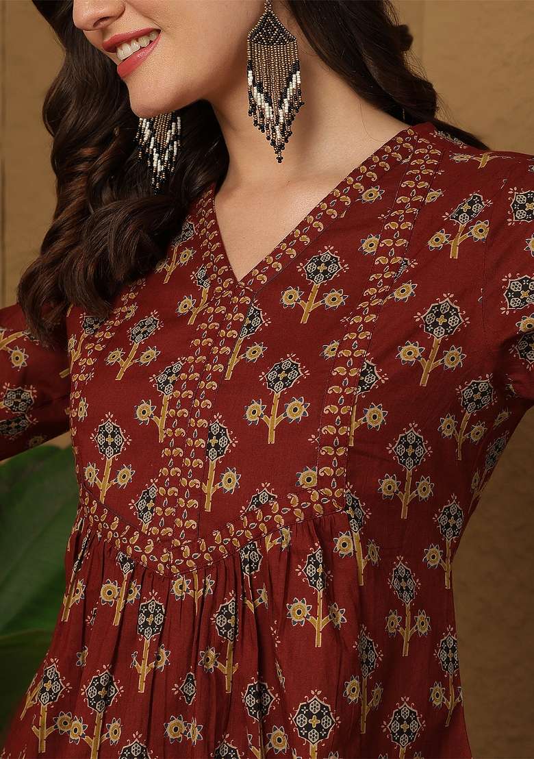Maroon Printed Cotton Short Kurta - Indya