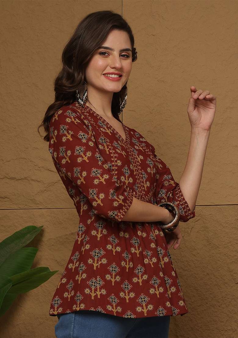 Maroon Printed Cotton Short Kurta - Indya