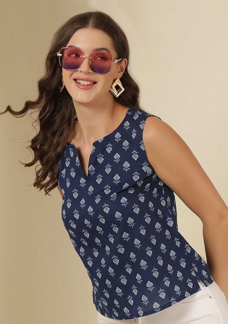 Blue Printed Cotton Short Kurta - Indya