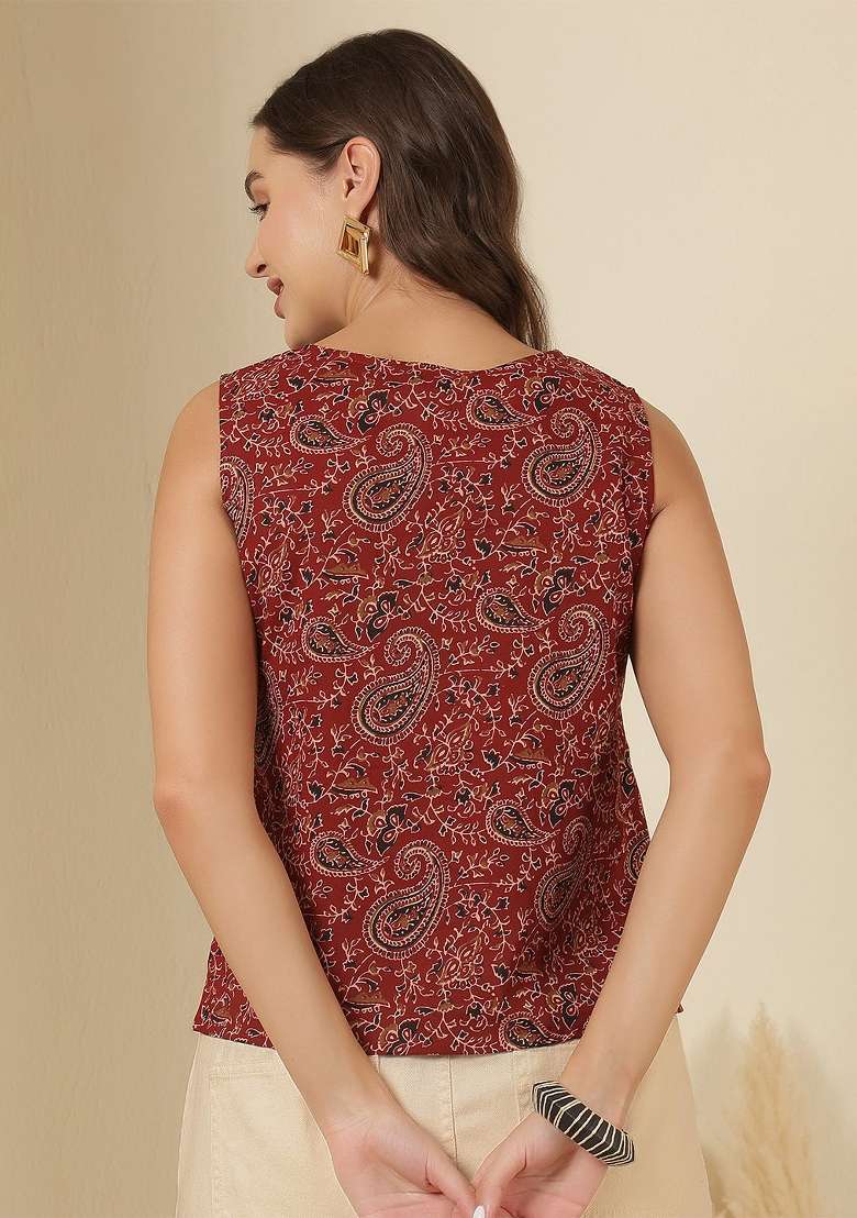 Maroon Printed Cotton Short Kurta - Indya