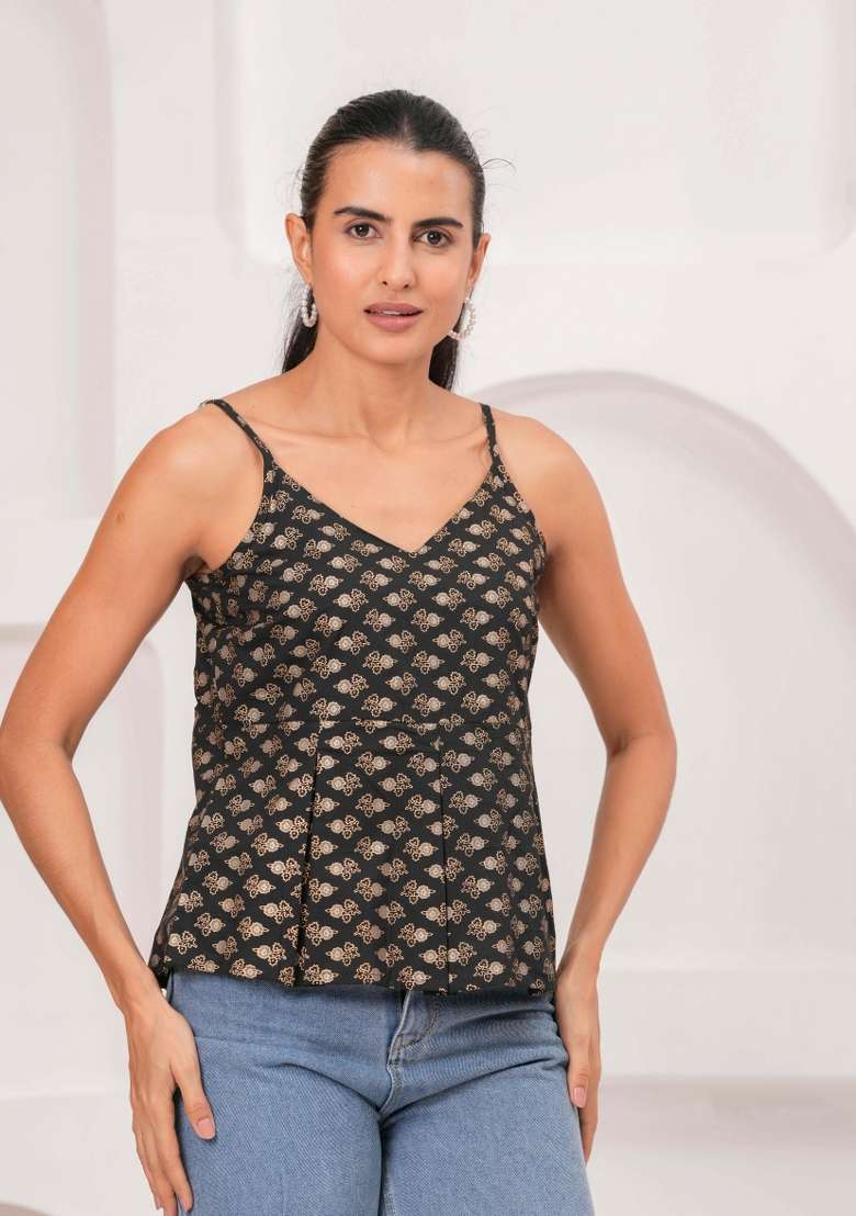 Black Printed Cotton Short Kurta - Indya