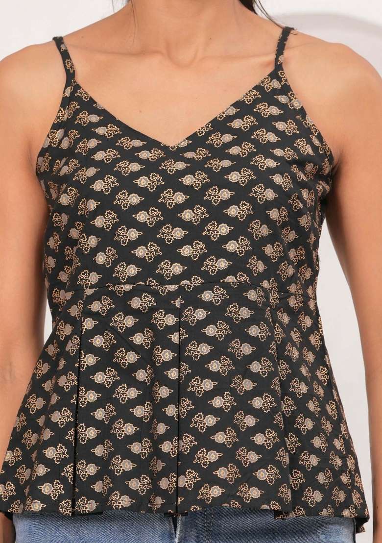 Black Printed Cotton Short Kurta - Indya