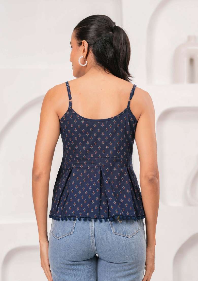 Navy Blue Printed Cotton Short Kurta - Indya