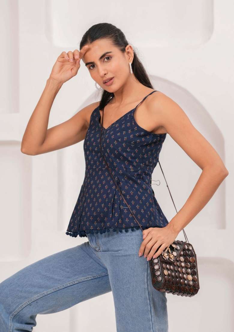 Navy Blue Printed Cotton Short Kurta - Indya