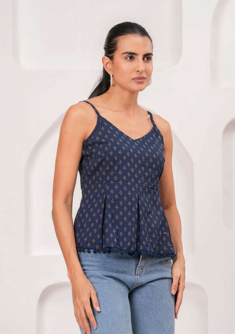 Navy Blue Printed Cotton Short Kurta - Indya