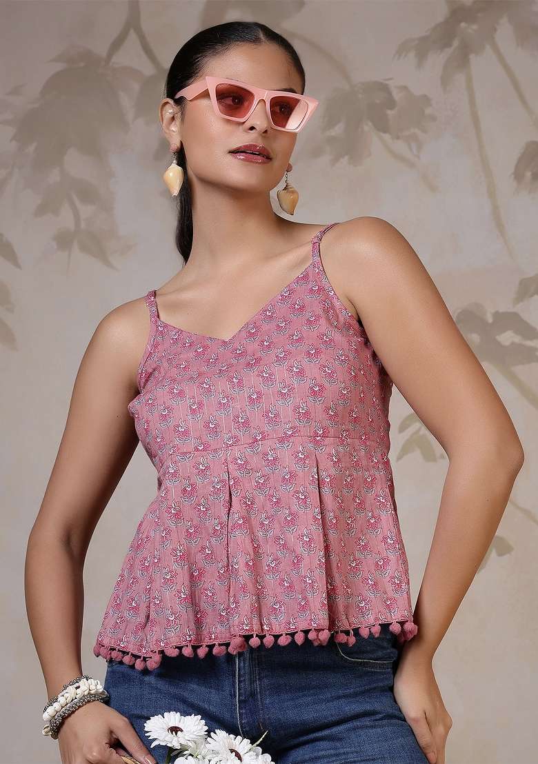 Mauve Printed Cotton Short Kurta - Indya