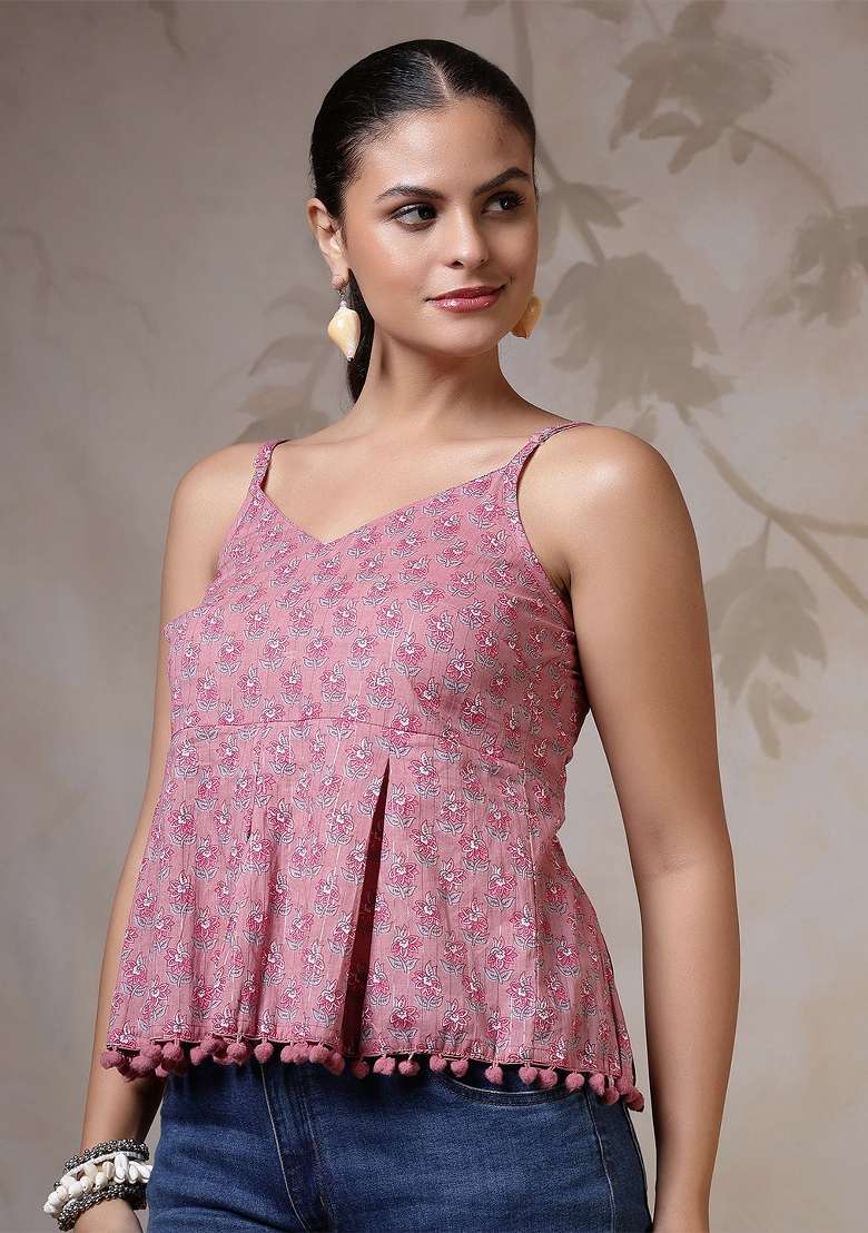 Mauve Printed Cotton Short Kurta - Indya