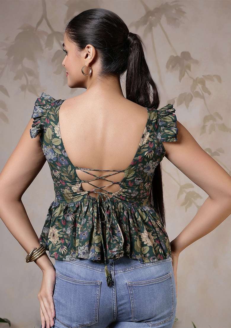 Green Printed Cotton Short Kurta - Indya