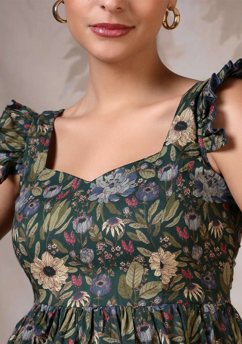 Green Printed Cotton Short Kurta - Indya