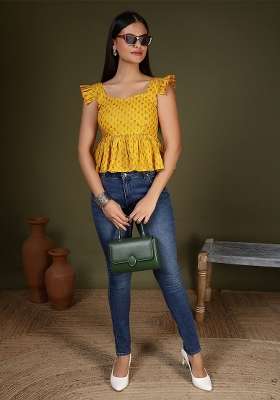 Yellow Printed Cotton Short Kurta