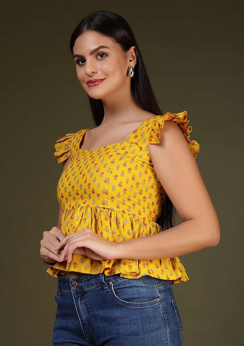 Yellow Printed Cotton Short Kurta - Indya