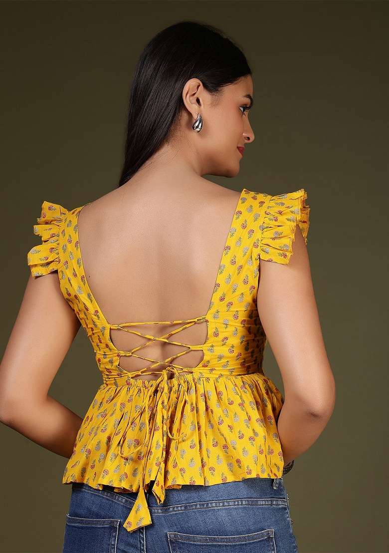 Yellow Printed Cotton Short Kurta - Indya