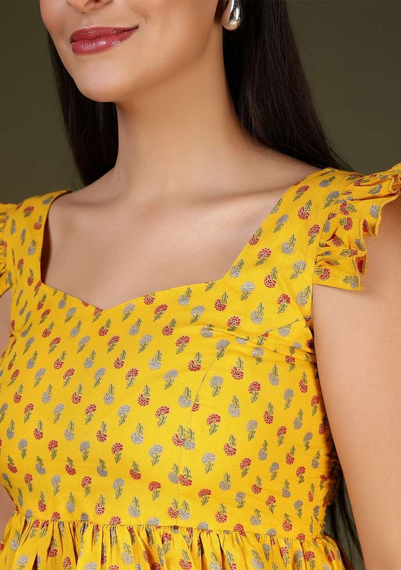 Yellow Printed Cotton Short Kurta - Indya