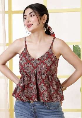 Maroon Printed Cotton Short Kurta