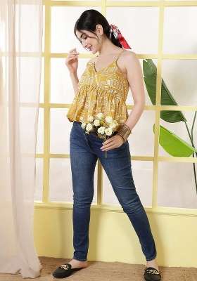 Yellow Printed Cotton Short Kurta